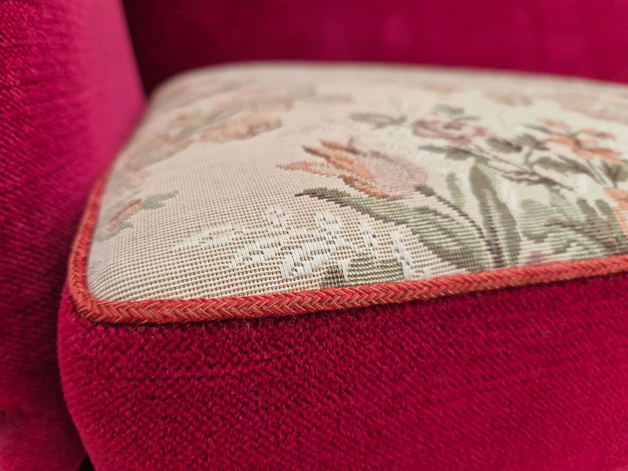 Danish cherry red velvet sofa with reclining armrests, 1970s 7