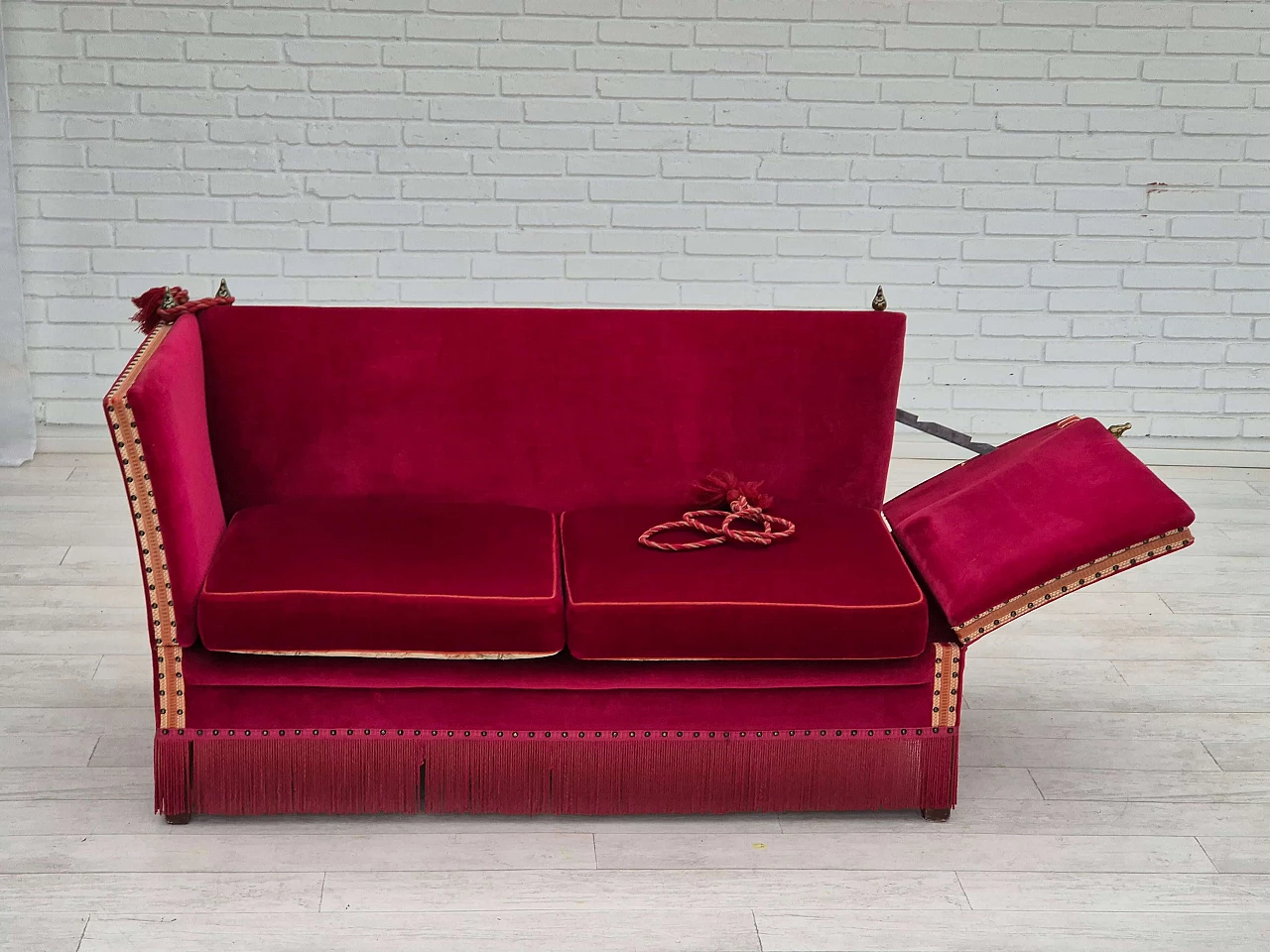 Danish cherry red velvet sofa with reclining armrests, 1970s 8