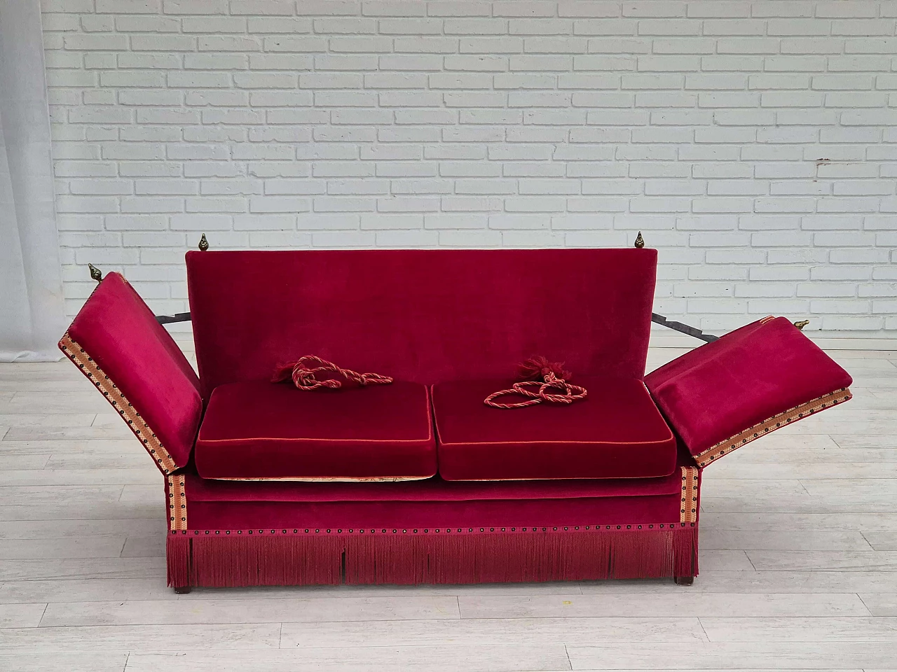 Danish cherry red velvet sofa with reclining armrests, 1970s 9