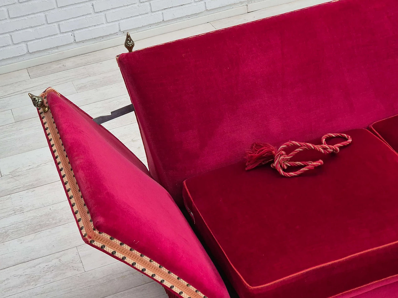 Danish cherry red velvet sofa with reclining armrests, 1970s 11