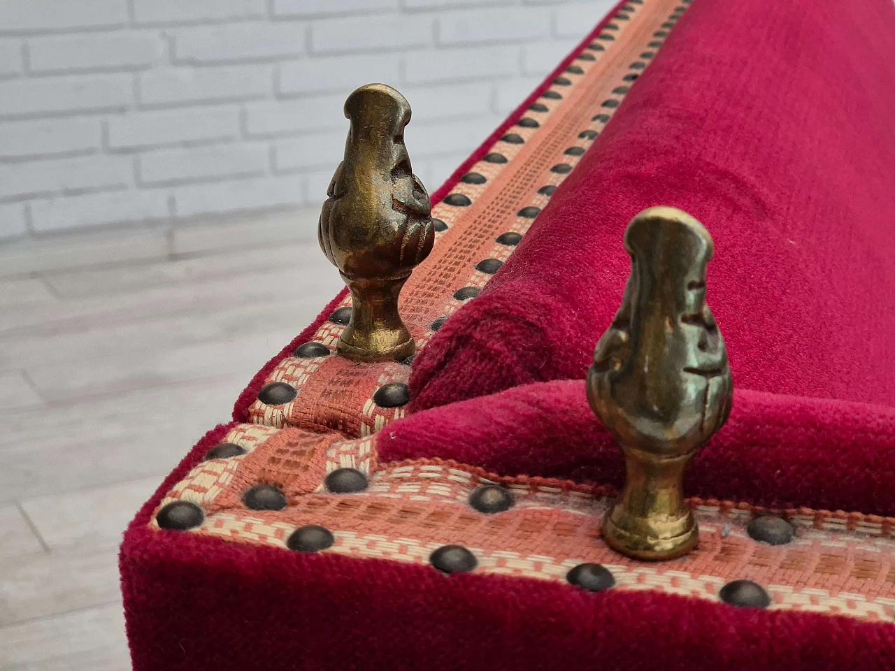 Danish cherry red velvet sofa with reclining armrests, 1970s 12