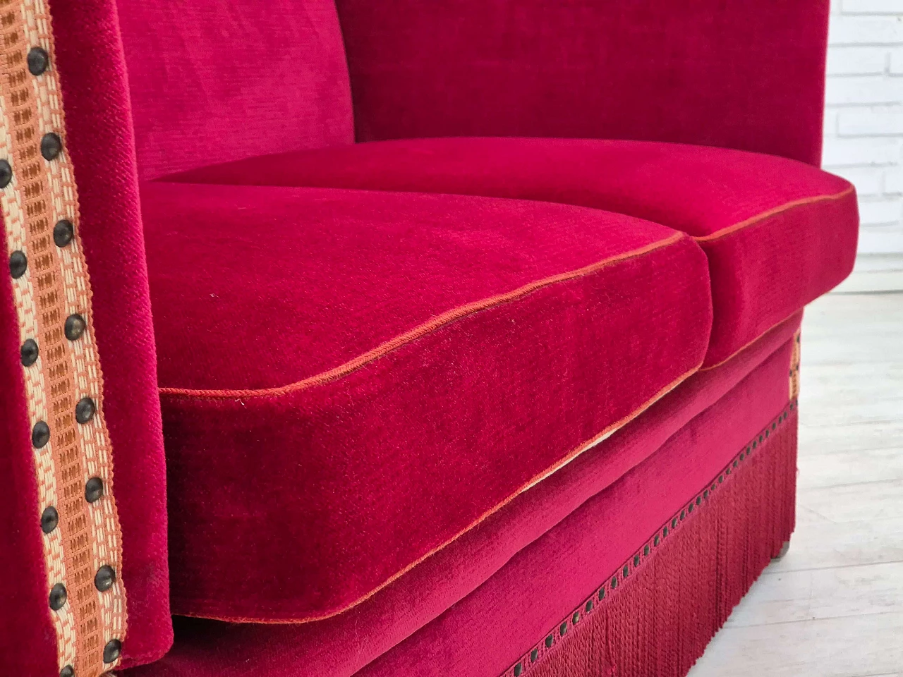 Danish cherry red velvet sofa with reclining armrests, 1970s 13