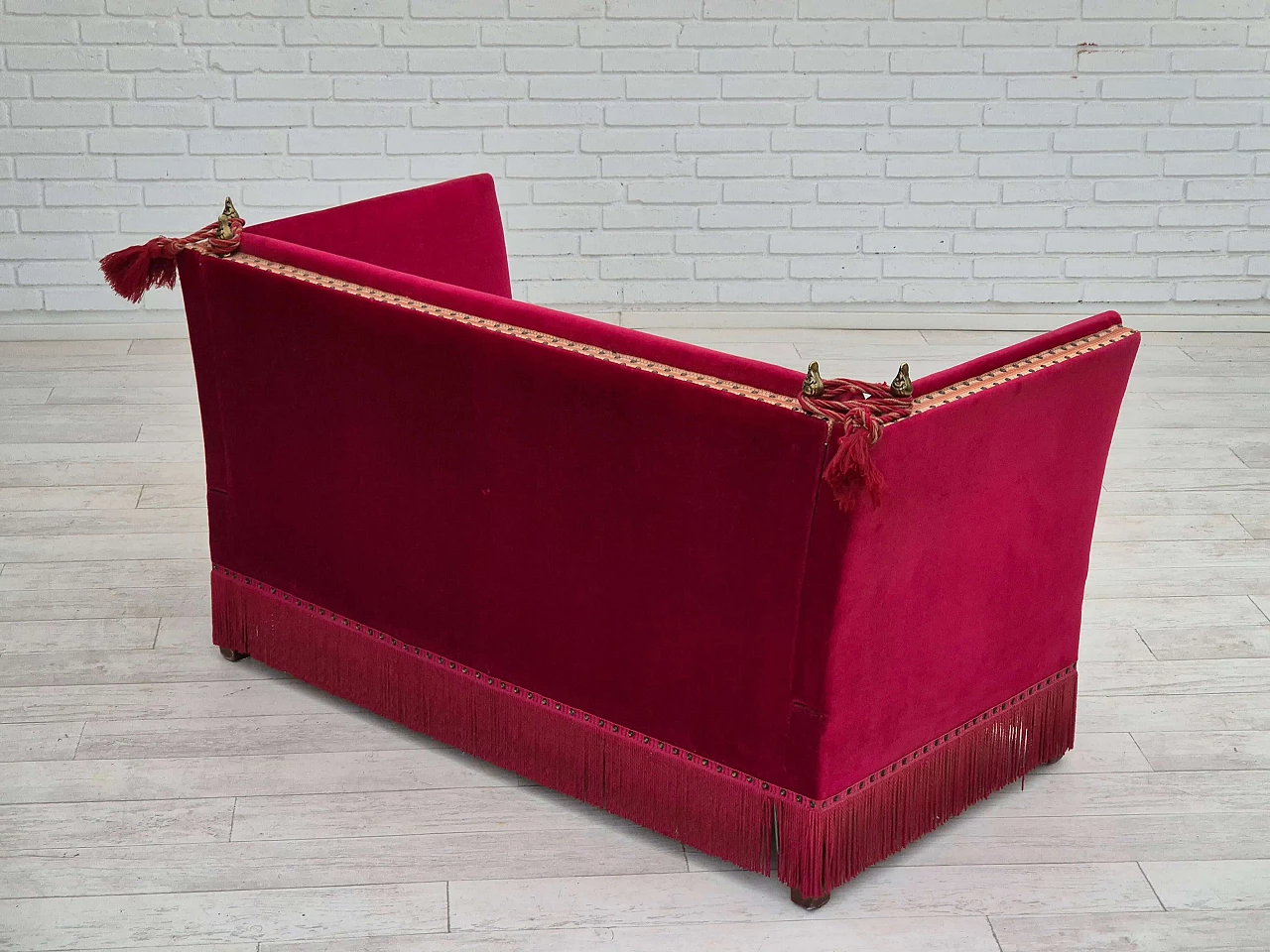 Danish cherry red velvet sofa with reclining armrests, 1970s 14