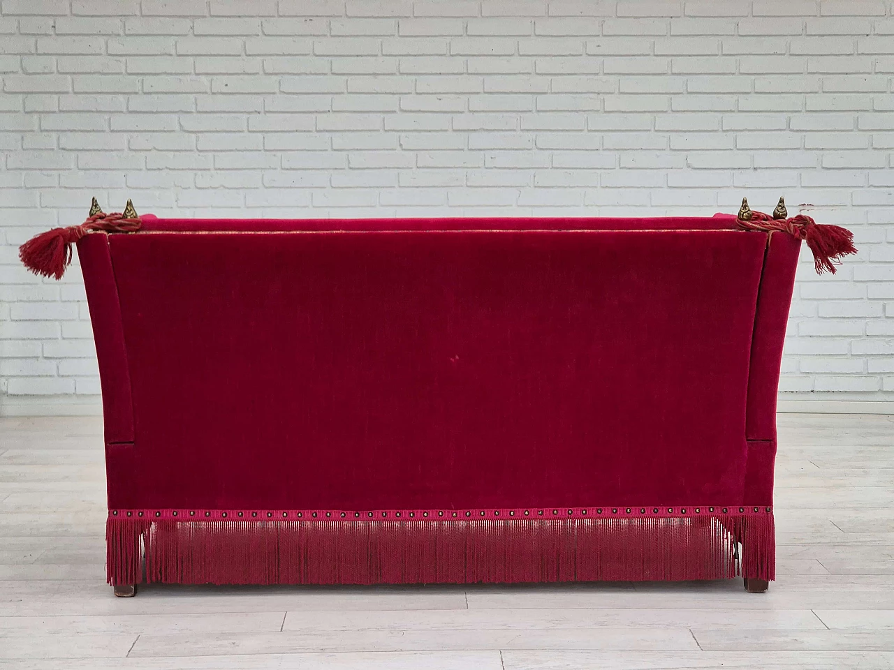 Danish cherry red velvet sofa with reclining armrests, 1970s 15