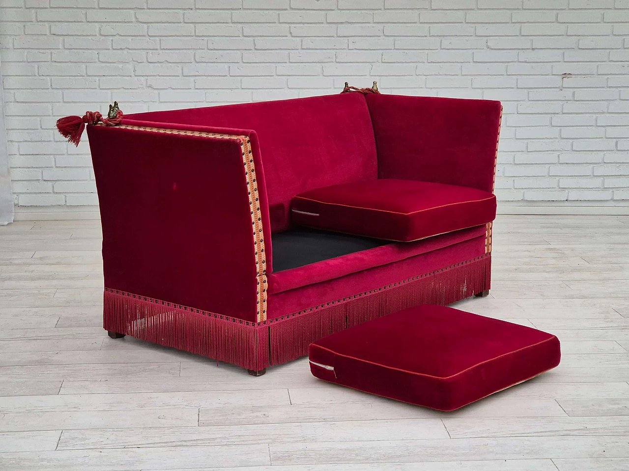 Danish cherry red velvet sofa with reclining armrests, 1970s 16