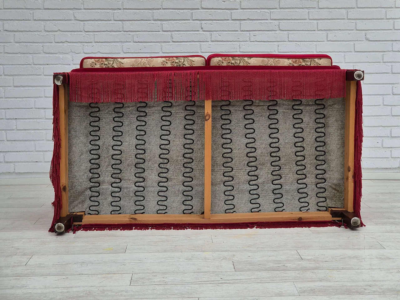 Danish cherry red velvet sofa with reclining armrests, 1970s 17