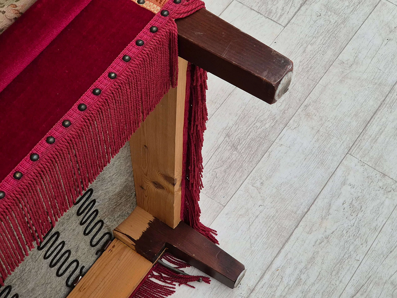 Danish cherry red velvet sofa with reclining armrests, 1970s 18