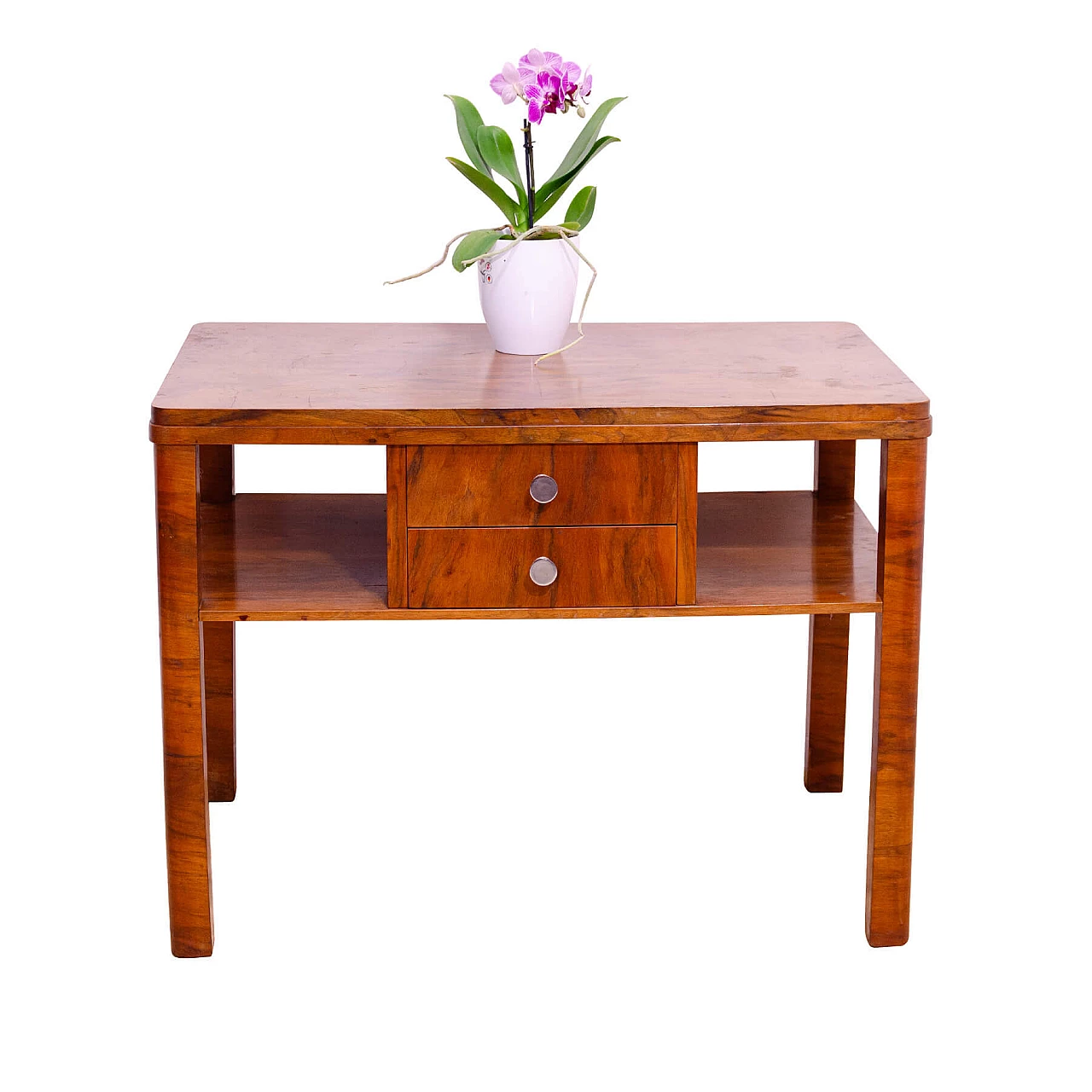 Czechoslovakian Art Deco walnut coffee table with drawers, 1930s 1