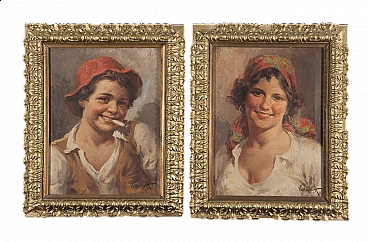 Antonio Vallone, young commoners, pair of oil paintings on canvas, early 20th century