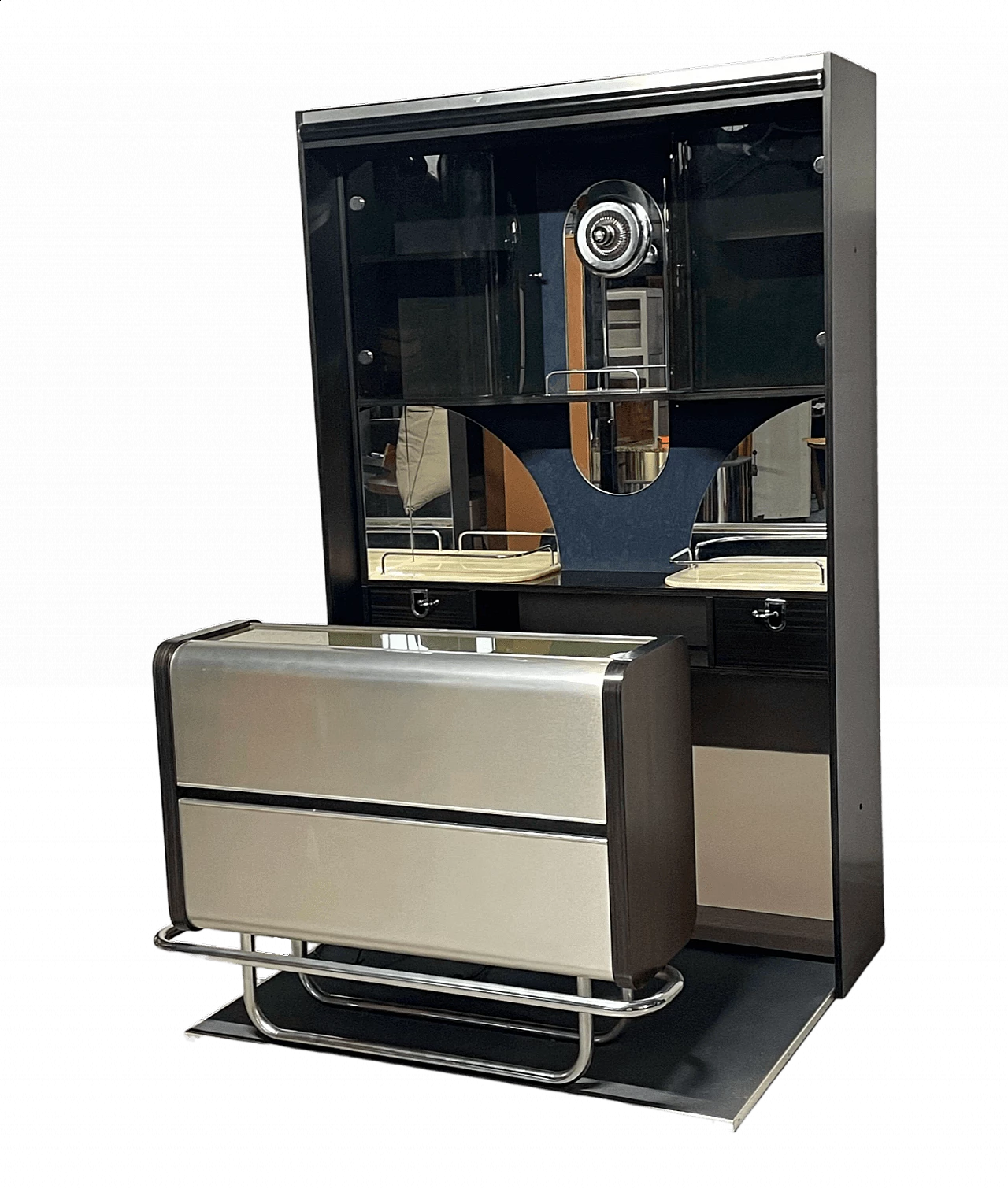 Mobile bar con bancone in legno, metallo e vetro, anni '70 11