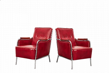 Pair of burgundy leather armchairs in Bauhaus style by József Peresztegi, 1950s