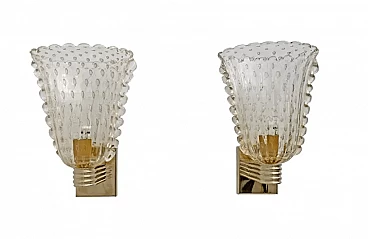 Pair of brass and Murano glass wall sconces Pulegoso by Barovier & Toso, mid 20th century