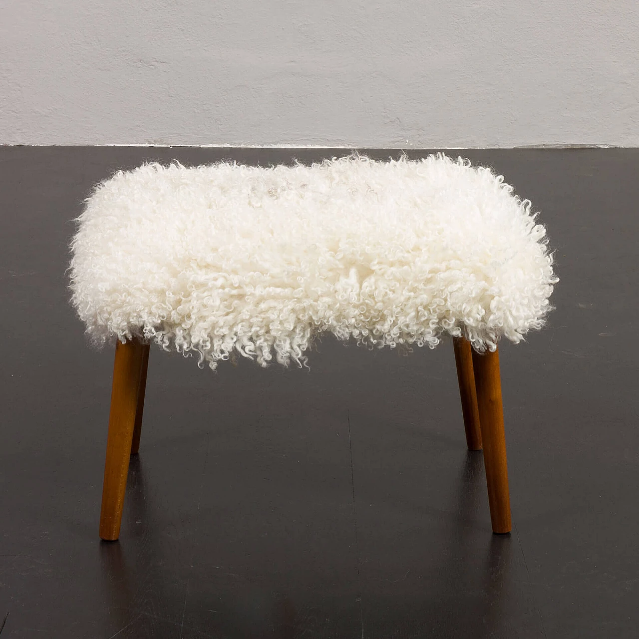 Footstool in natural long-haired sheepskin and teak legs, 1970s 2