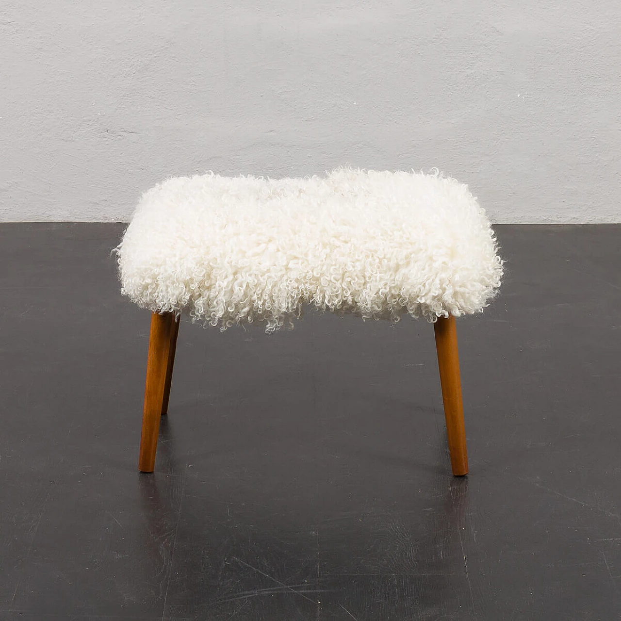 Footstool in natural long-haired sheepskin and teak legs, 1970s 9