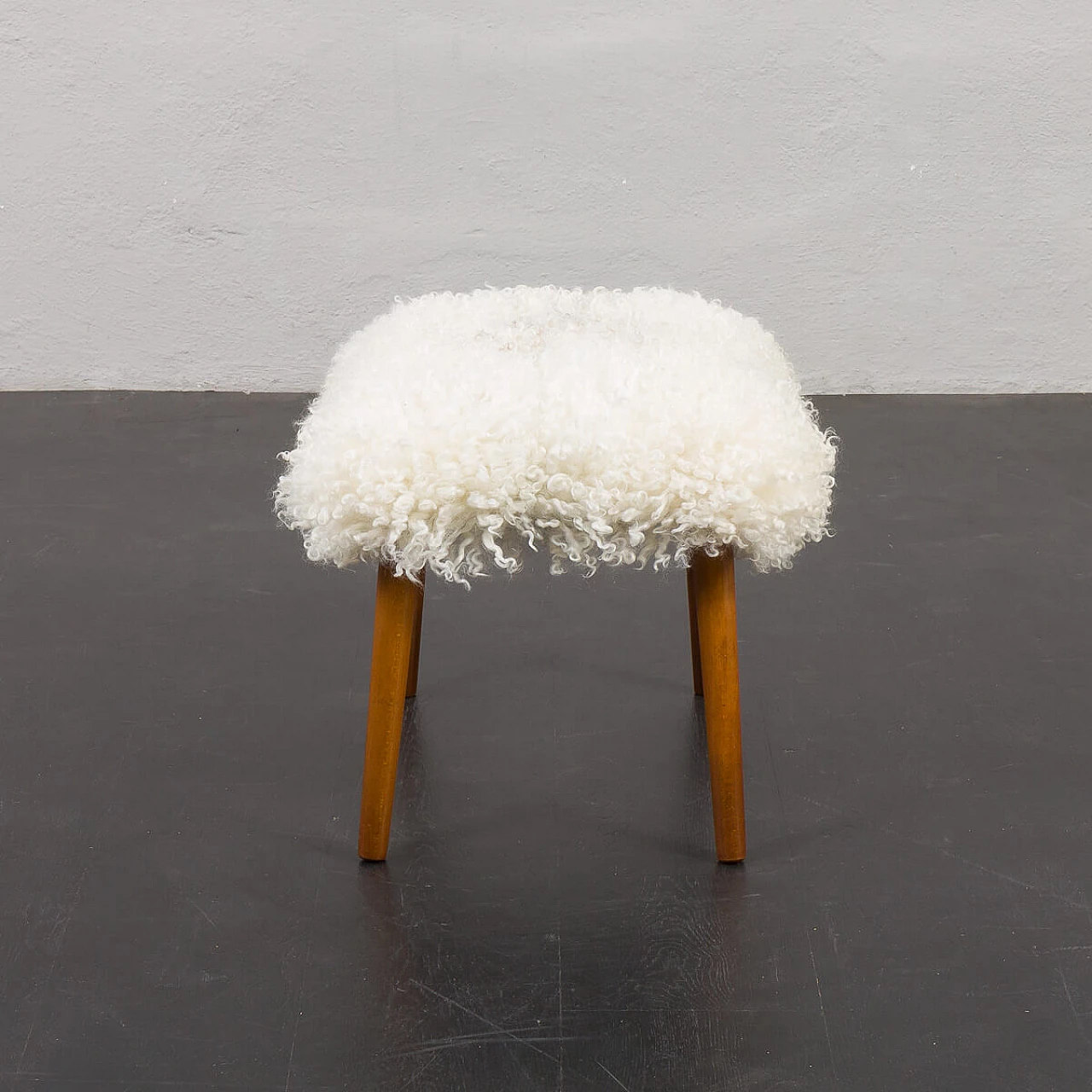 Footstool in natural long-haired sheepskin and teak legs, 1970s 10
