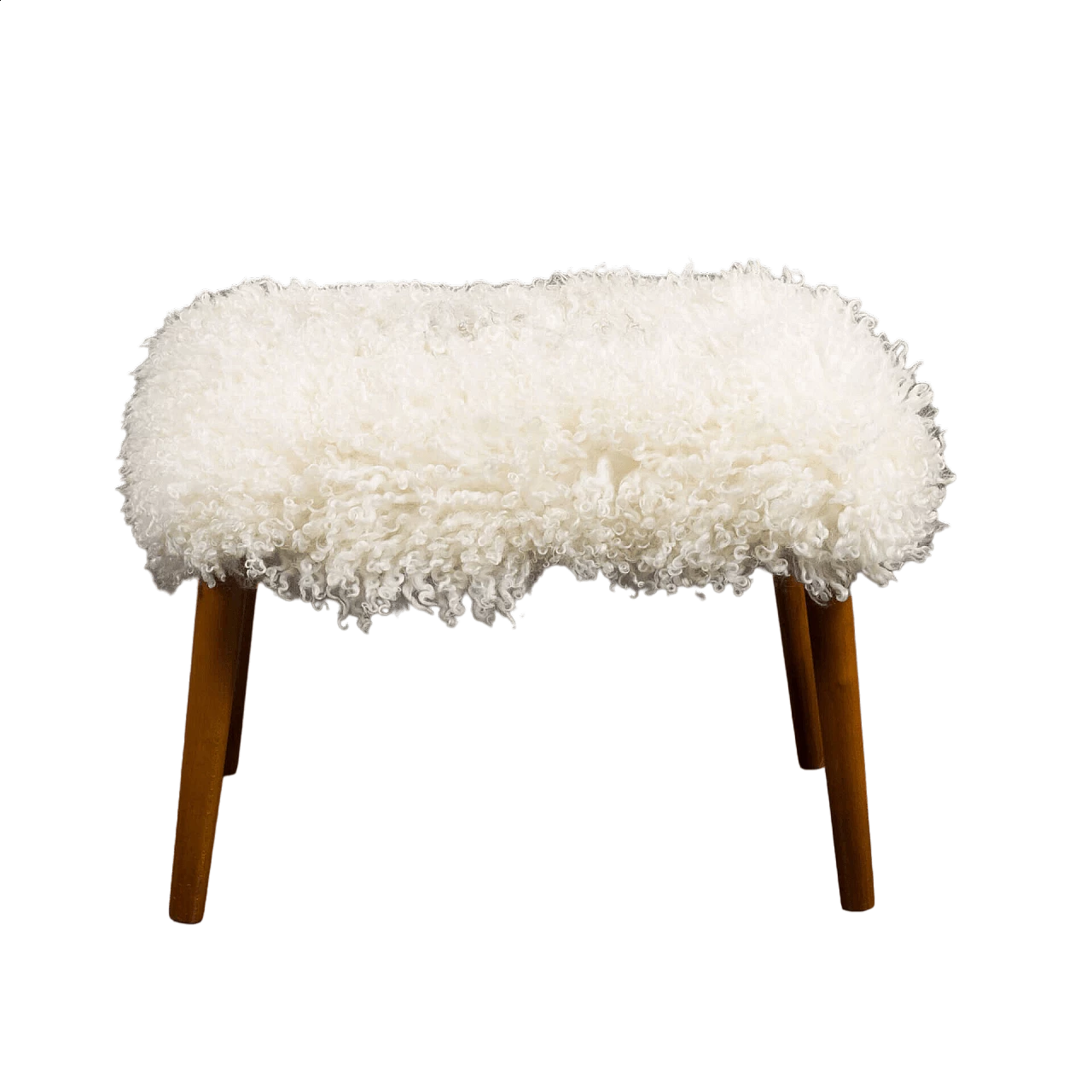 Footstool in natural long-haired sheepskin and teak legs, 1970s 12