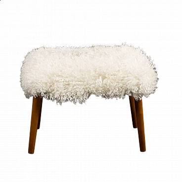 Footstool in natural long-haired sheepskin and teak legs, 1970s