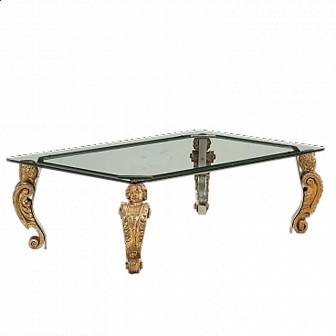 Glass and metal coffee table with Baroque gilded wood caryatids