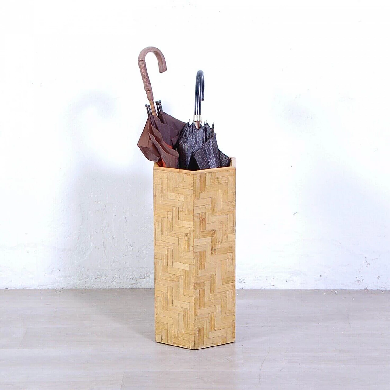 Hexagonal umbrella stand in wood and bamboo, 1970s 2