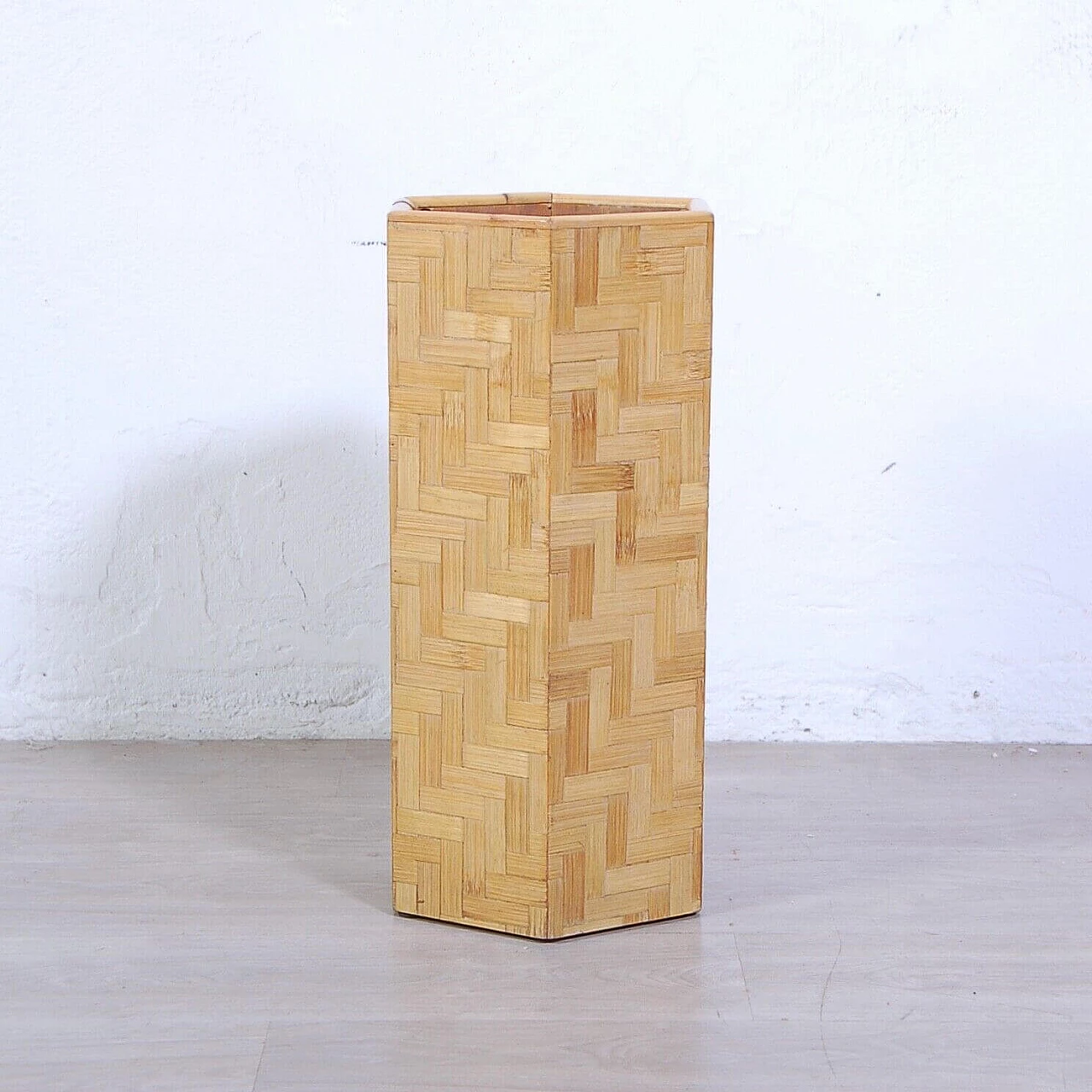 Hexagonal umbrella stand in wood and bamboo, 1970s 3