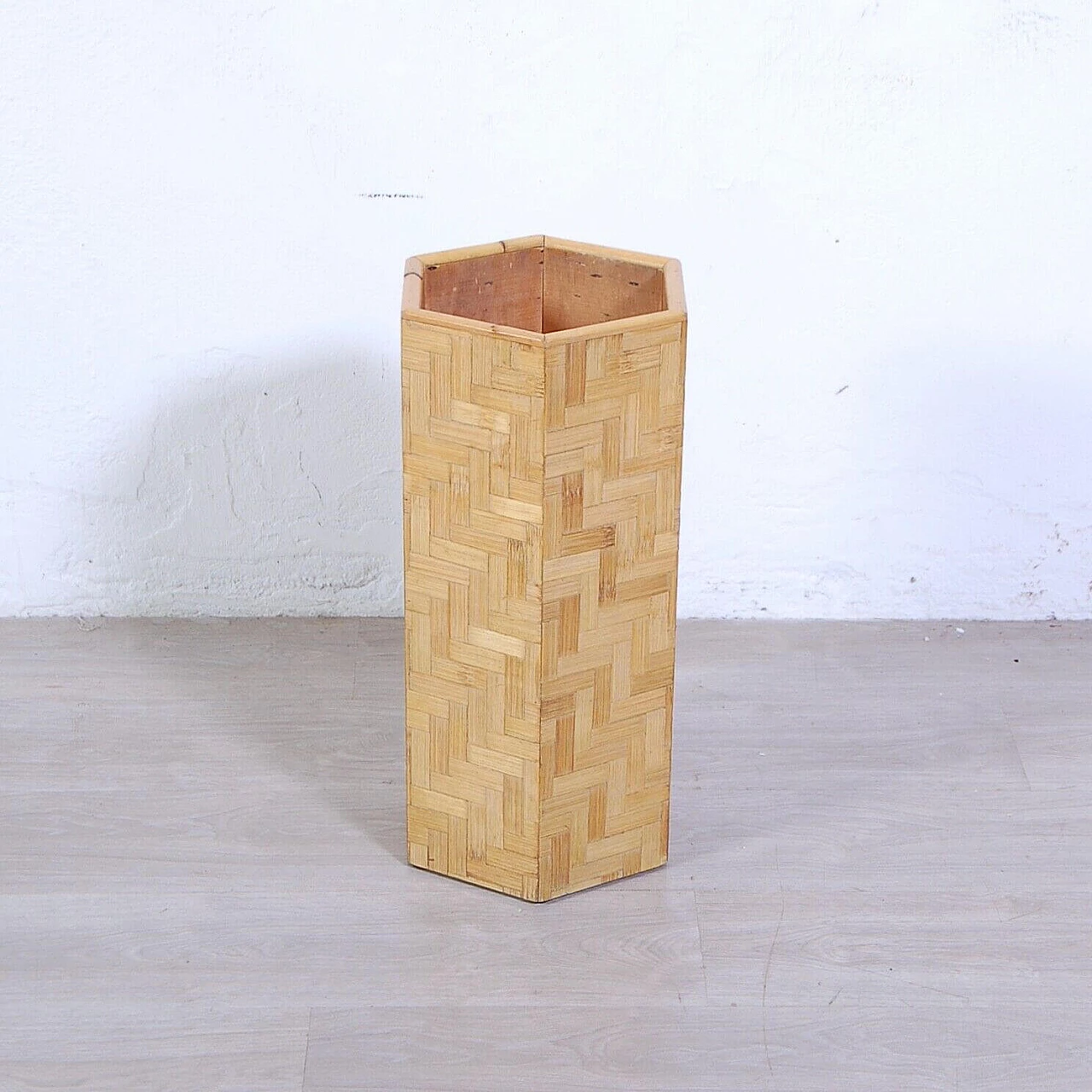 Hexagonal umbrella stand in wood and bamboo, 1970s 4