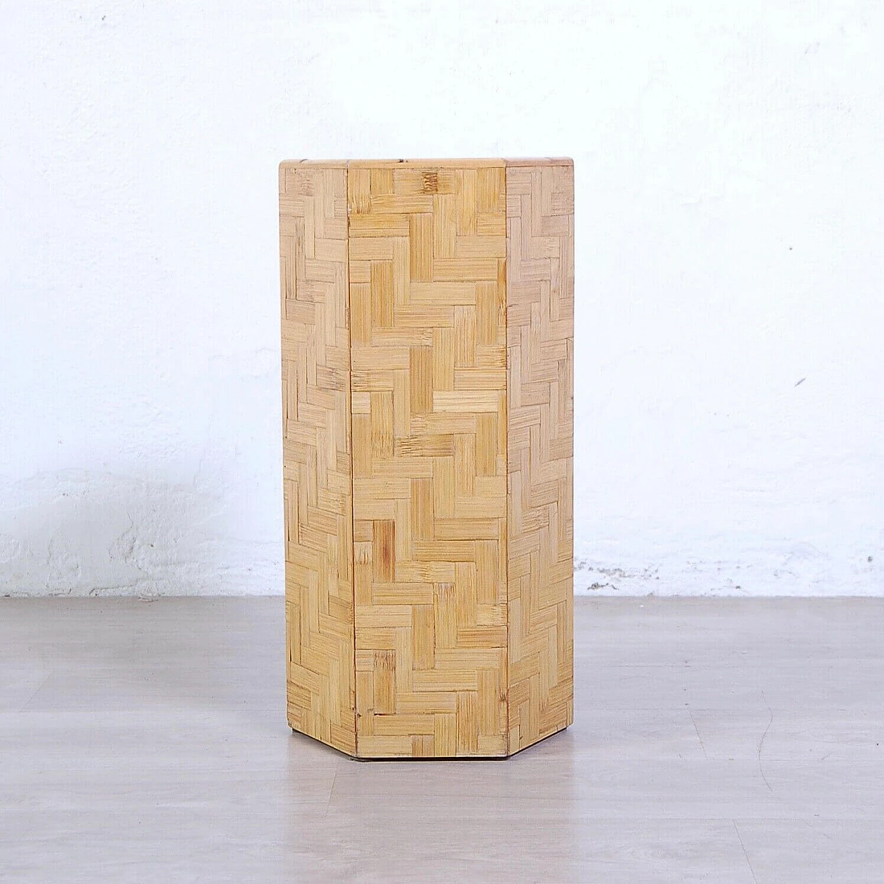 Hexagonal umbrella stand in wood and bamboo, 1970s 5