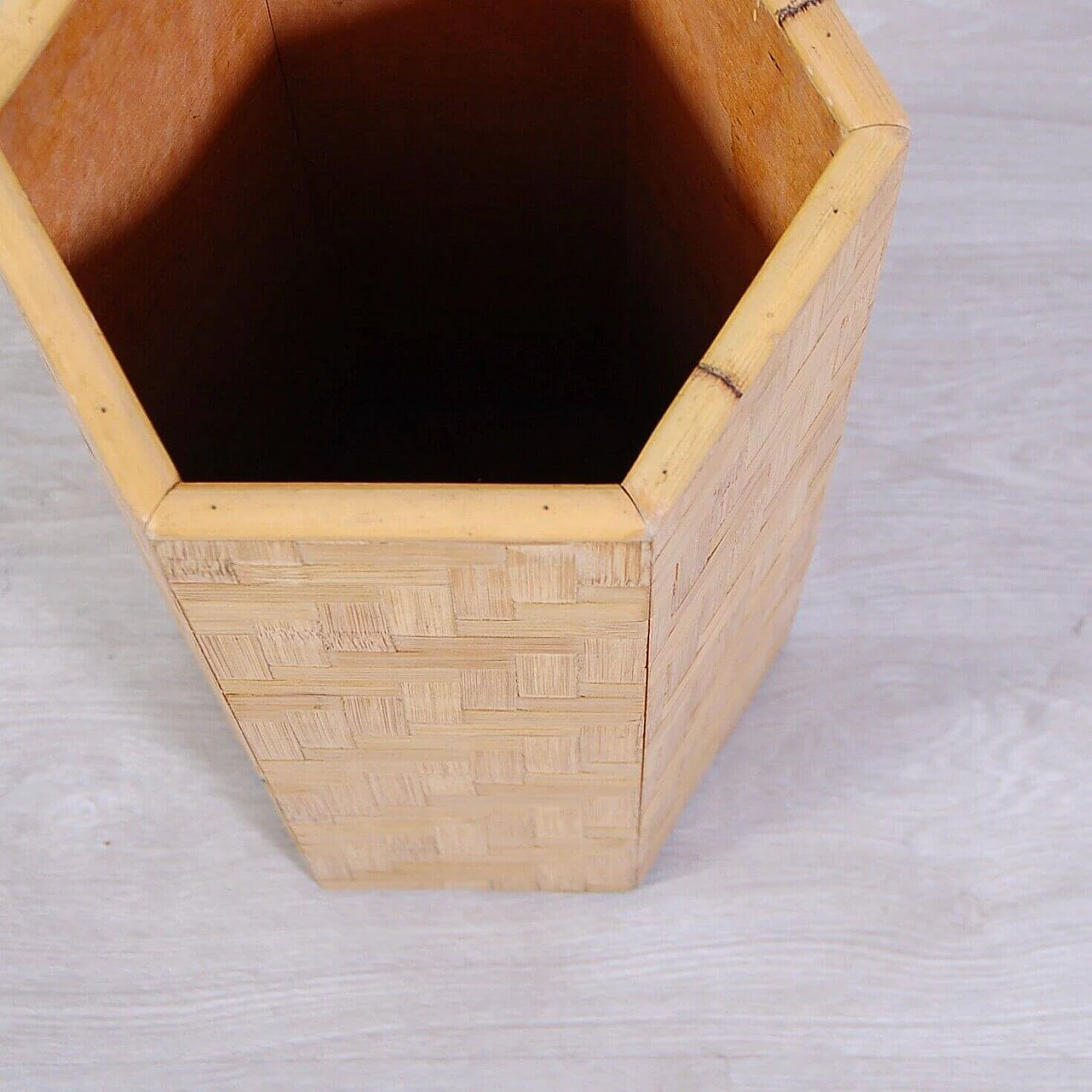 Hexagonal umbrella stand in wood and bamboo, 1970s 8