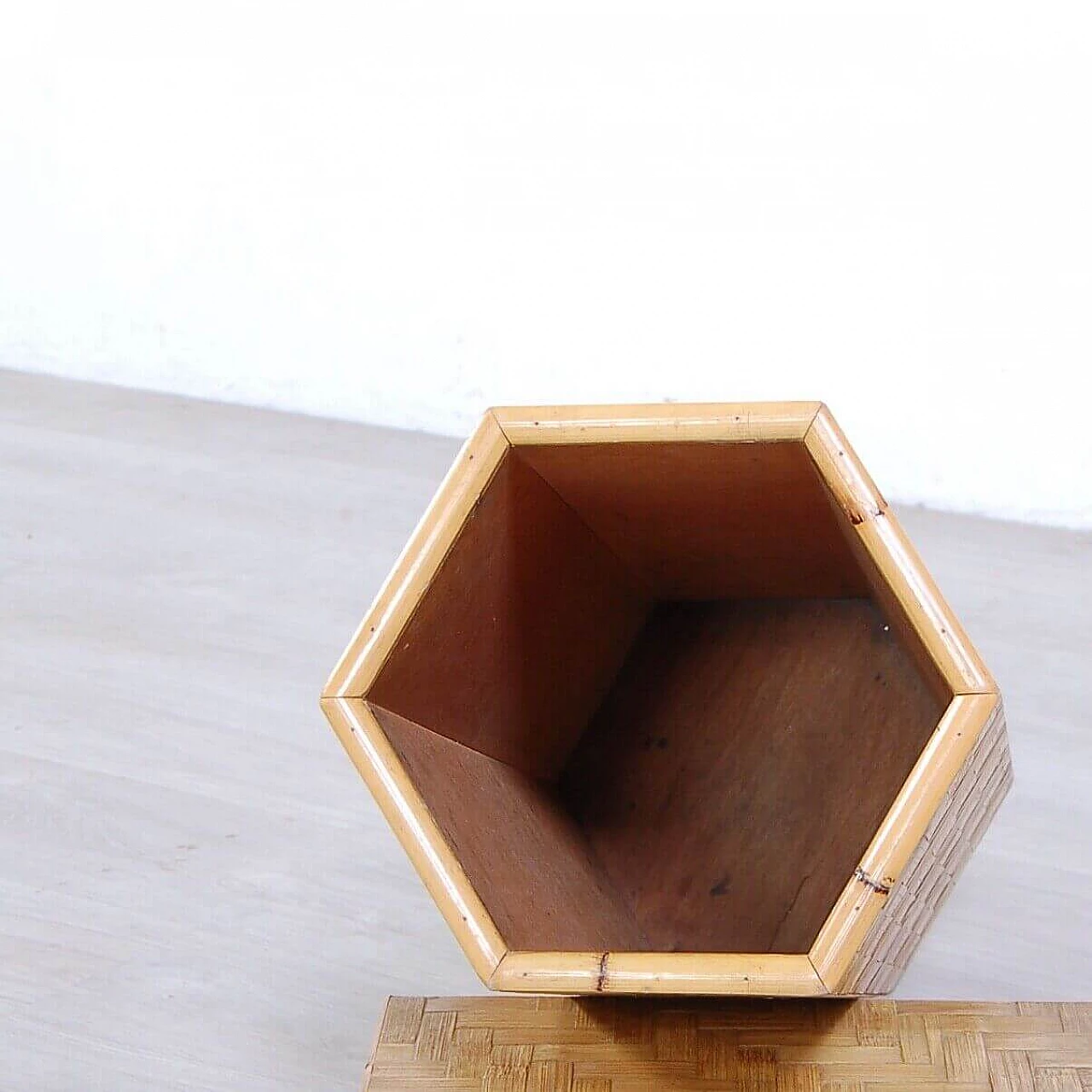 Hexagonal umbrella stand in wood and bamboo, 1970s 10