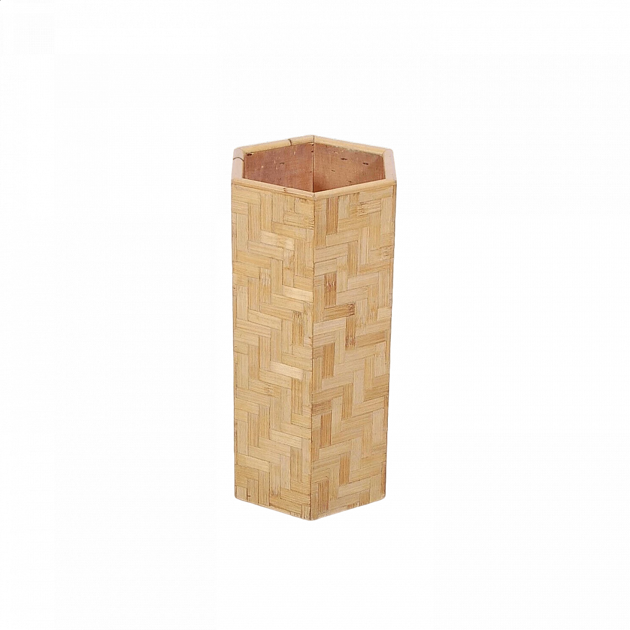 Hexagonal umbrella stand in wood and bamboo, 1970s 13