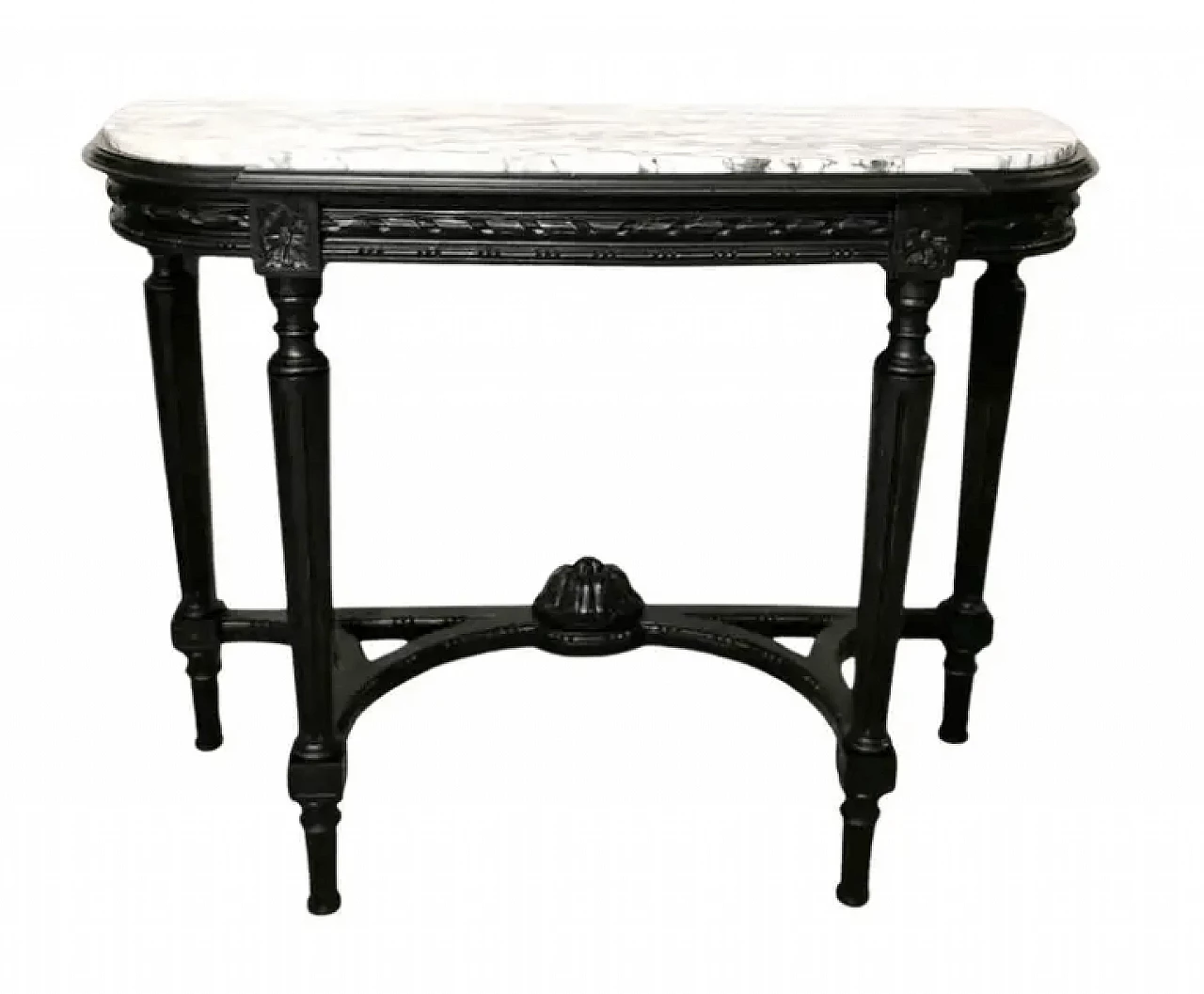 Napoleon III style French console table in black wood and Carrara arabesque marble, 19th century 1