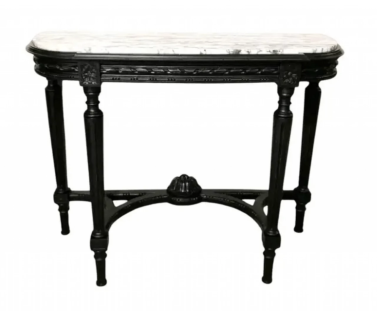 Consolle francese in stile Napoleone III in legno nero e marmo arabesco di Carrara, '800 1