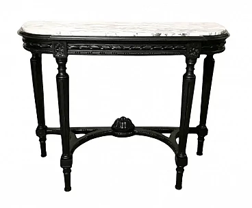 Napoleon III style French console table in black wood and Carrara arabesque marble, 19th century