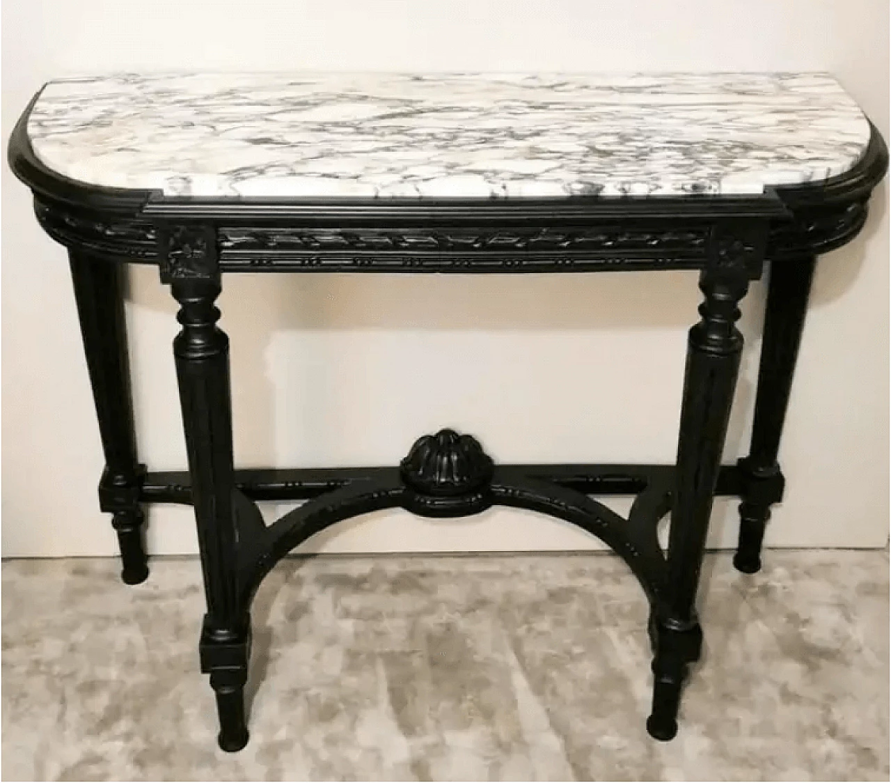 Napoleon III style French console table in black wood and Carrara arabesque marble, 19th century 2