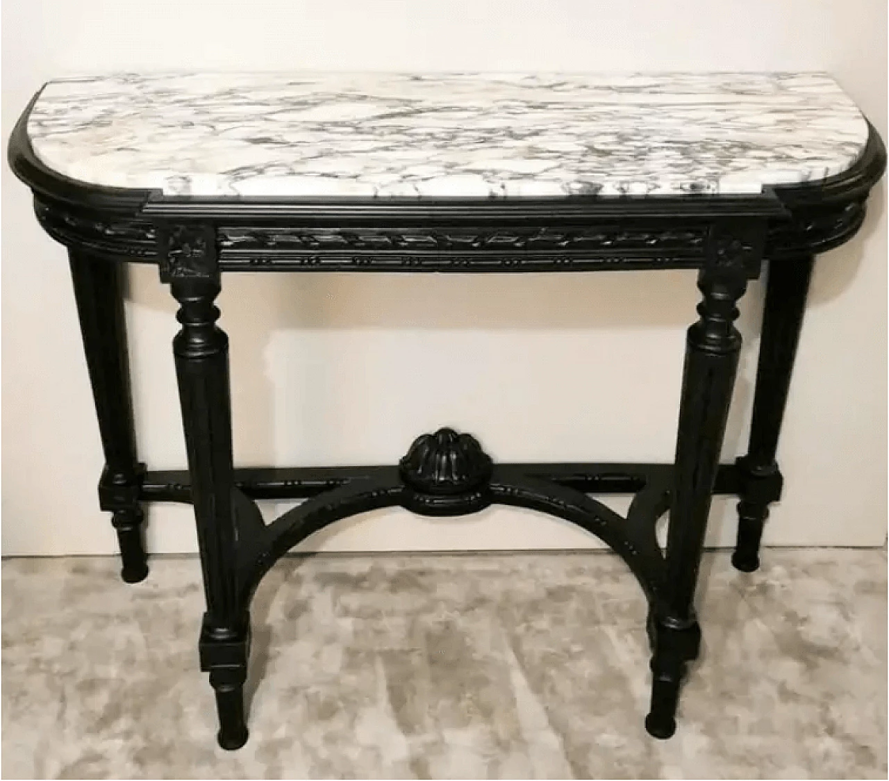 Consolle francese in stile Napoleone III in legno nero e marmo arabesco di Carrara, '800 2