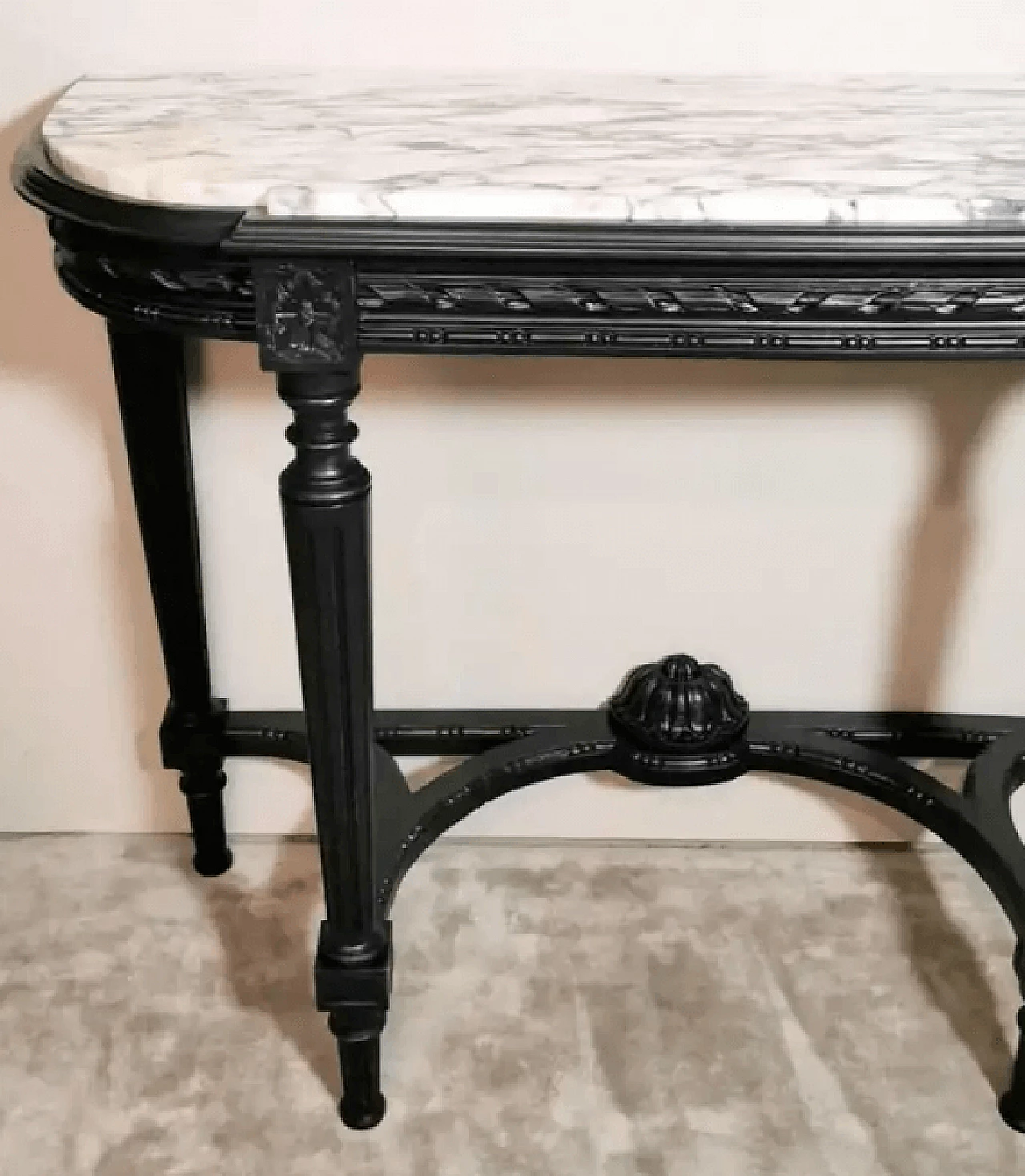 Consolle francese in stile Napoleone III in legno nero e marmo arabesco di Carrara, '800 3