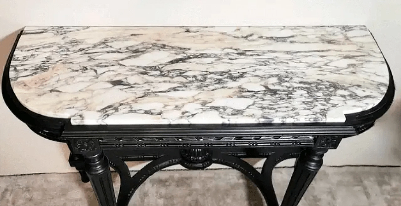 Consolle francese in stile Napoleone III in legno nero e marmo arabesco di Carrara, '800 7