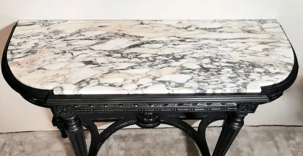 Napoleon III style French console table in black wood and Carrara arabesque marble, 19th century 7