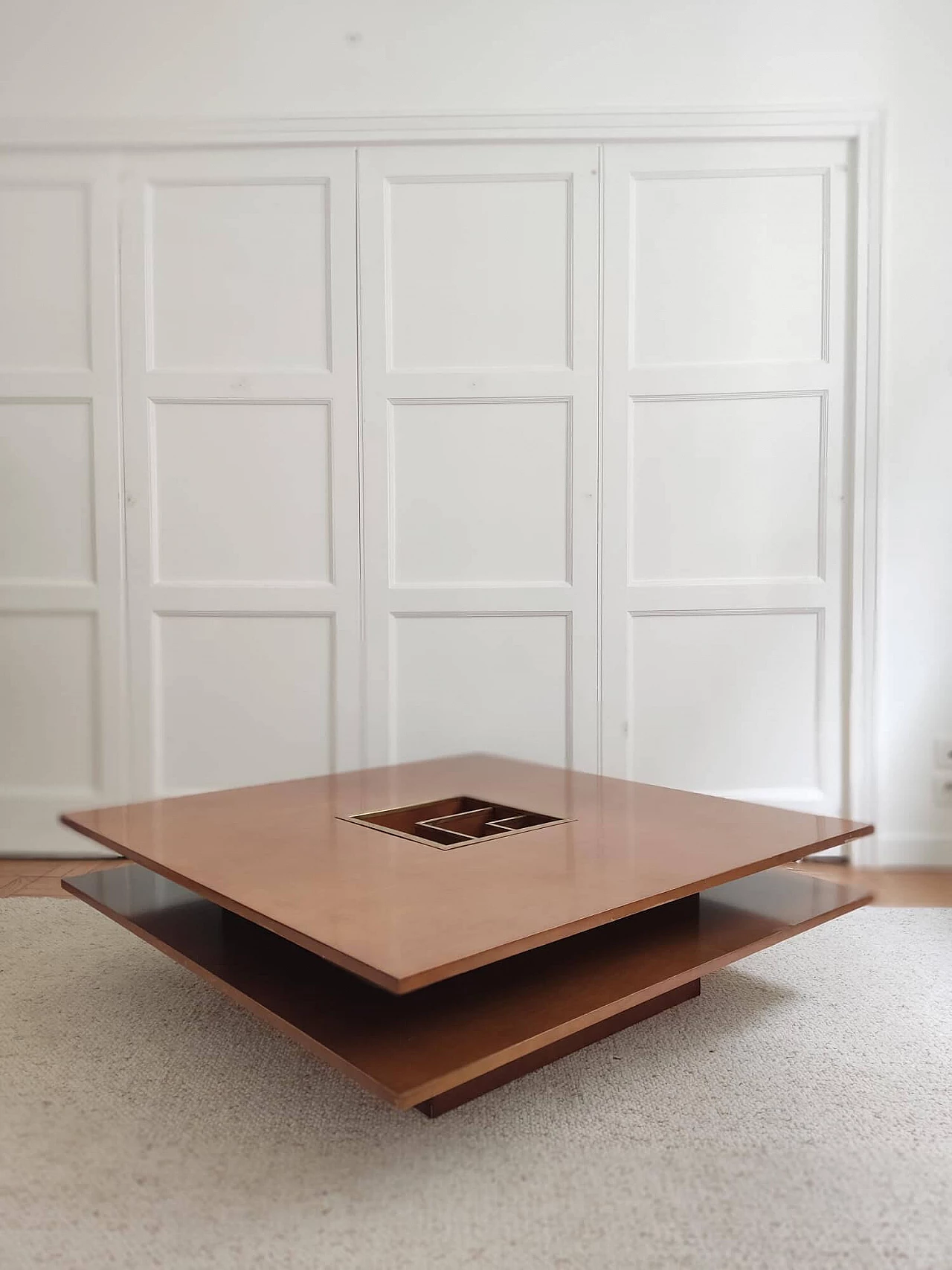 Square wood coffee table with brass insert, 1970s 1