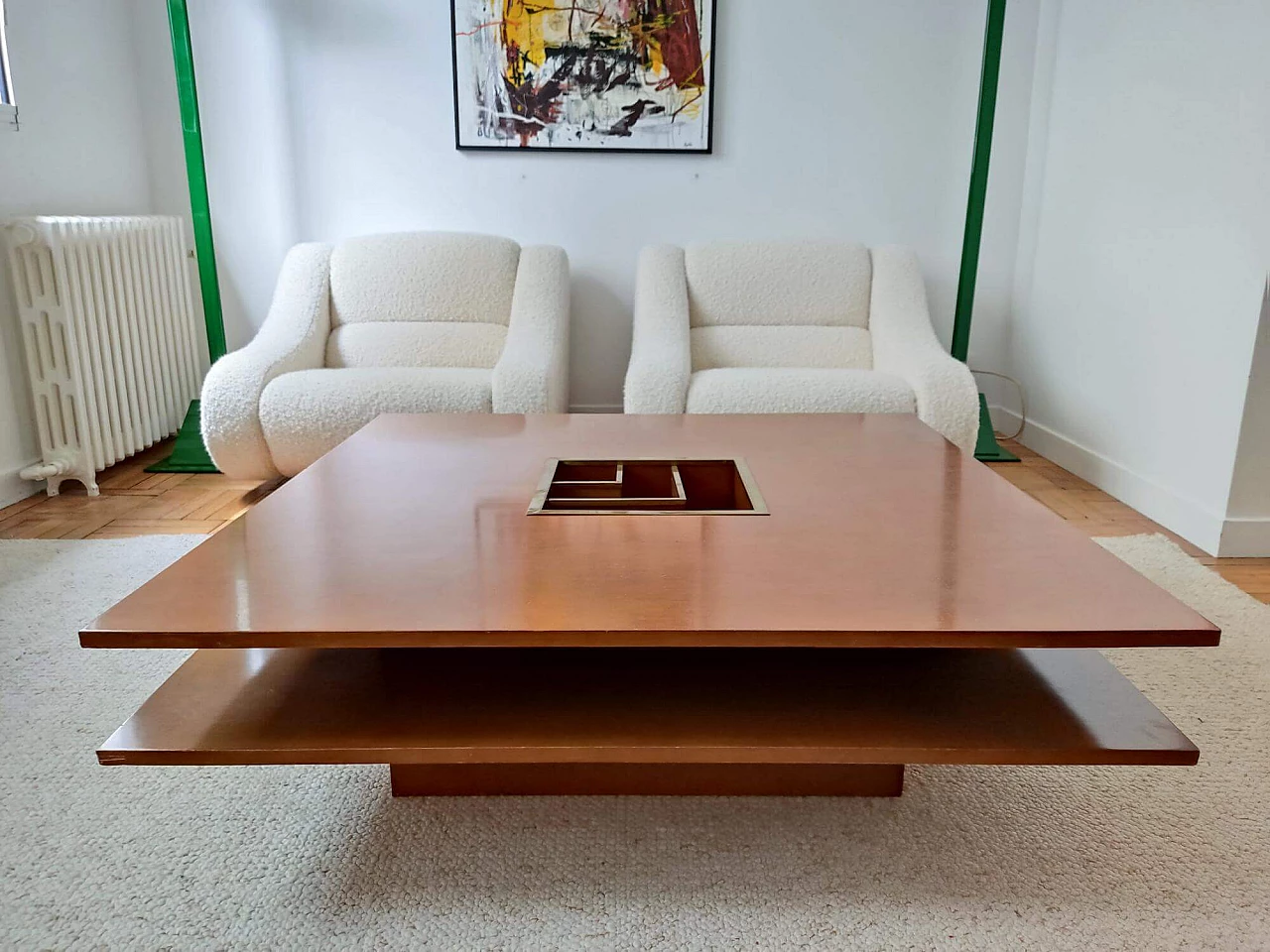 Square wood coffee table with brass insert, 1970s 2