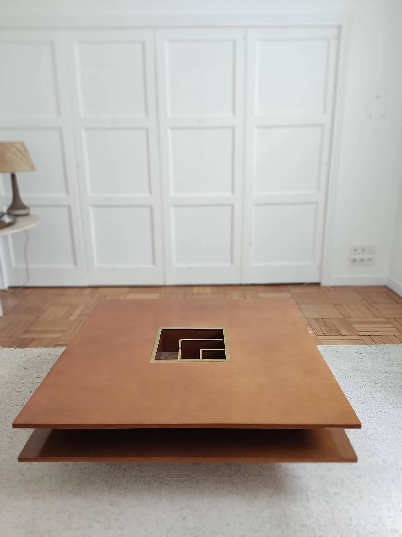 Square wood coffee table with brass insert, 1970s 3