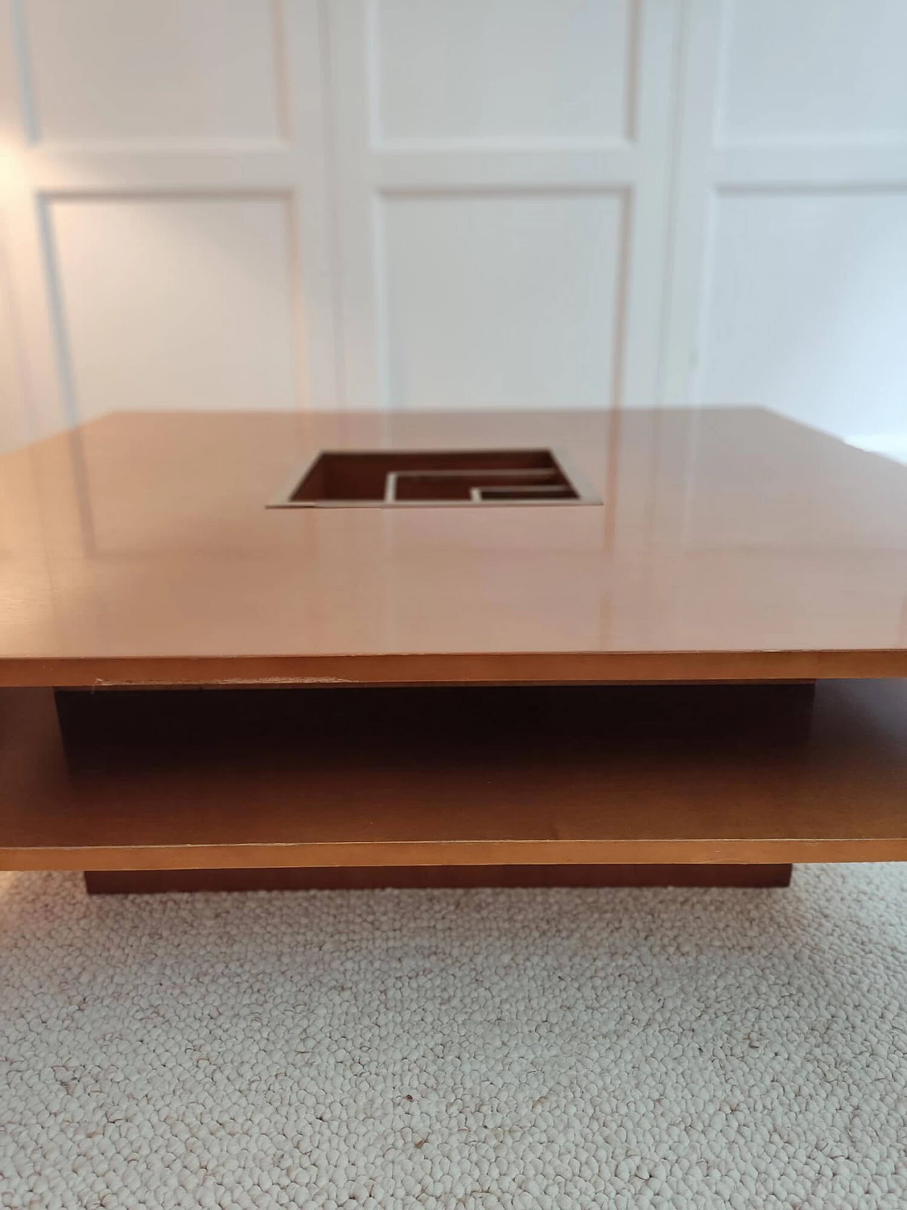 Square wood coffee table with brass insert, 1970s 9