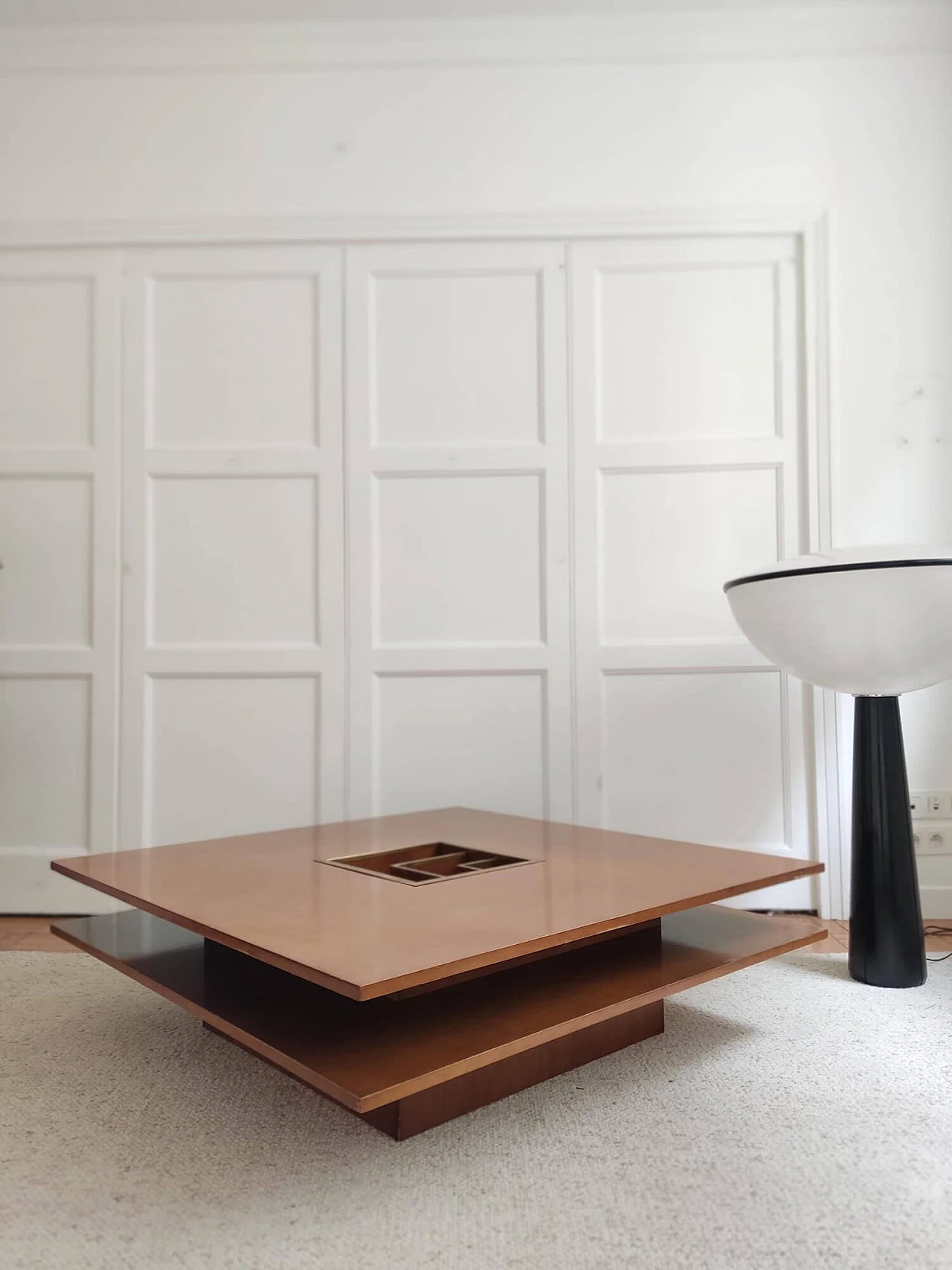 Square wood coffee table with brass insert, 1970s 11