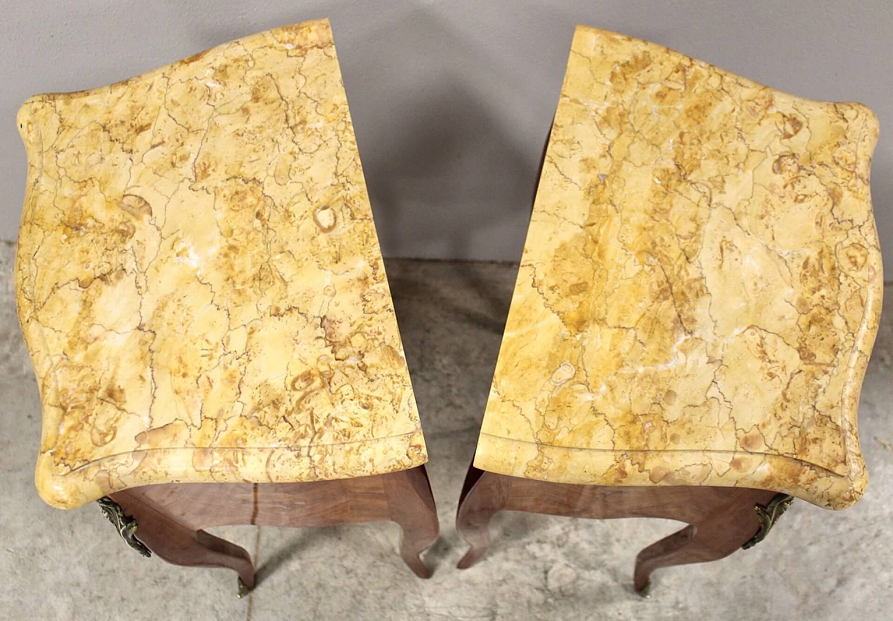 Coppia di comodini Napoleone III in legno intarsiato e marmo, primo '900 5