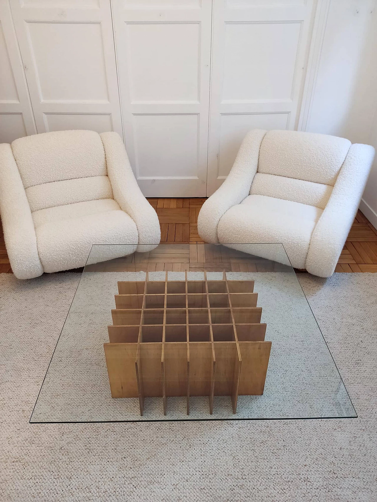 Square coffee table in wood and glass, 1970s 1