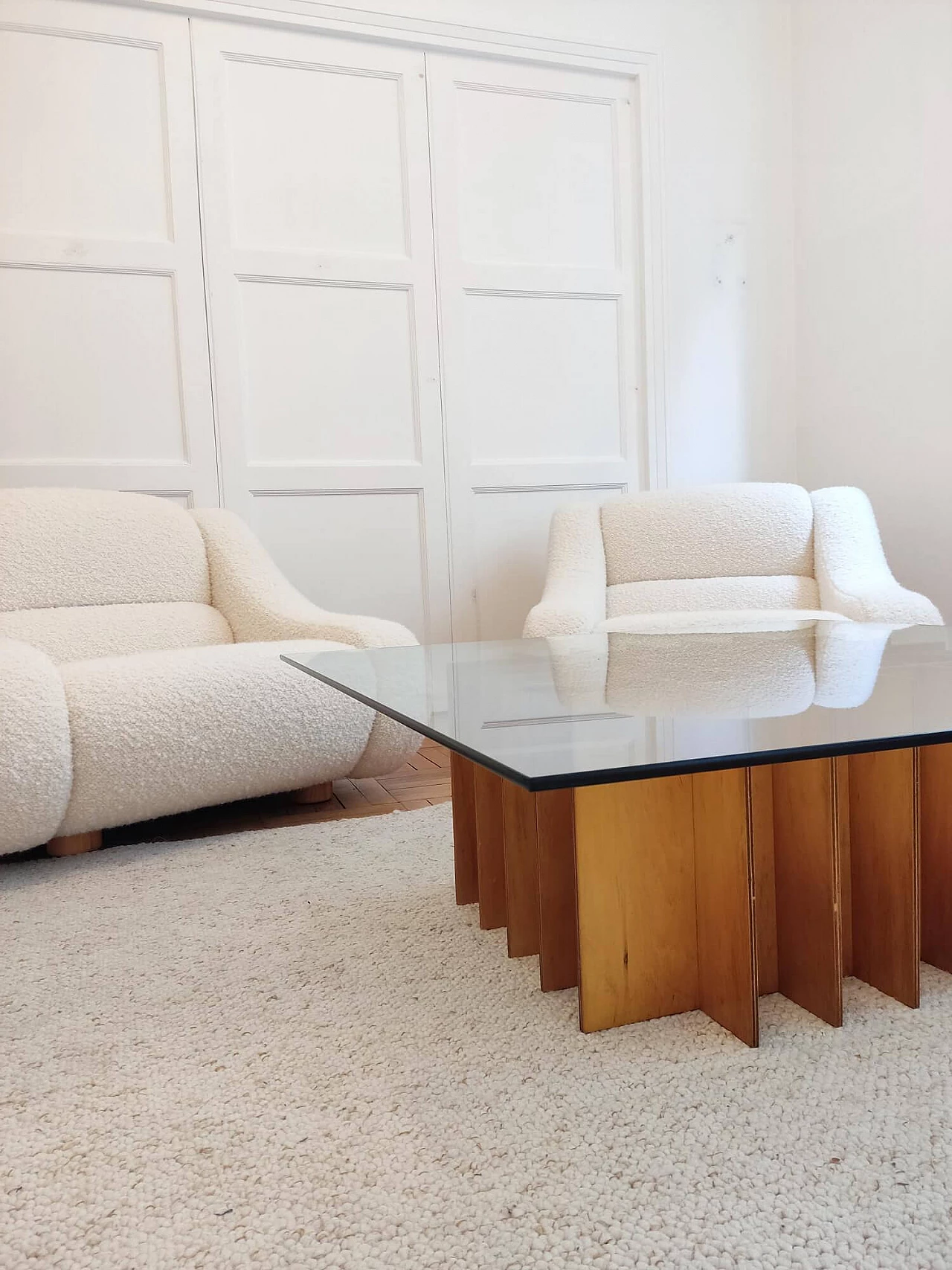 Square coffee table in wood and glass, 1970s 2