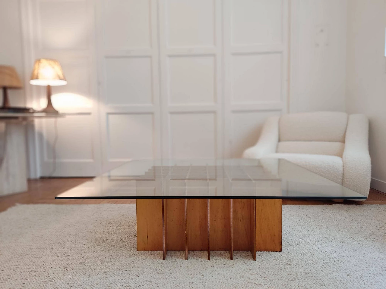 Square coffee table in wood and glass, 1970s 5