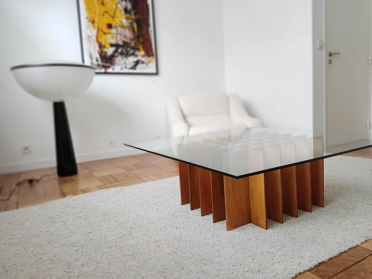 Square coffee table in wood and glass, 1970s 12