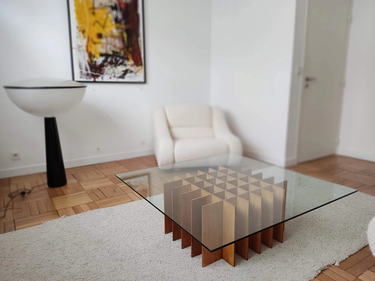 Square coffee table in wood and glass, 1970s 13