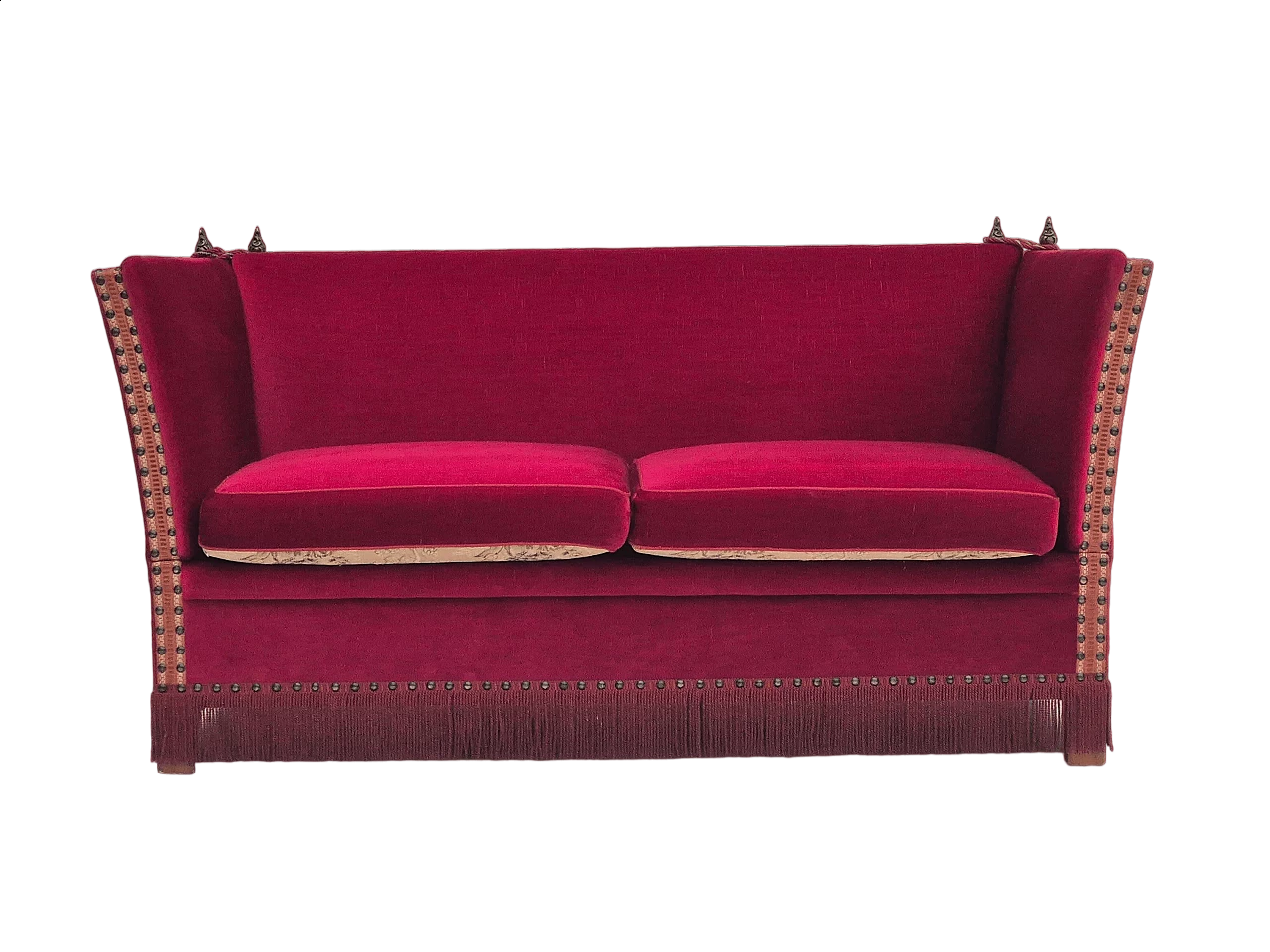 Danish ash and red velvet sofa with reclining armrests, 1970s 20