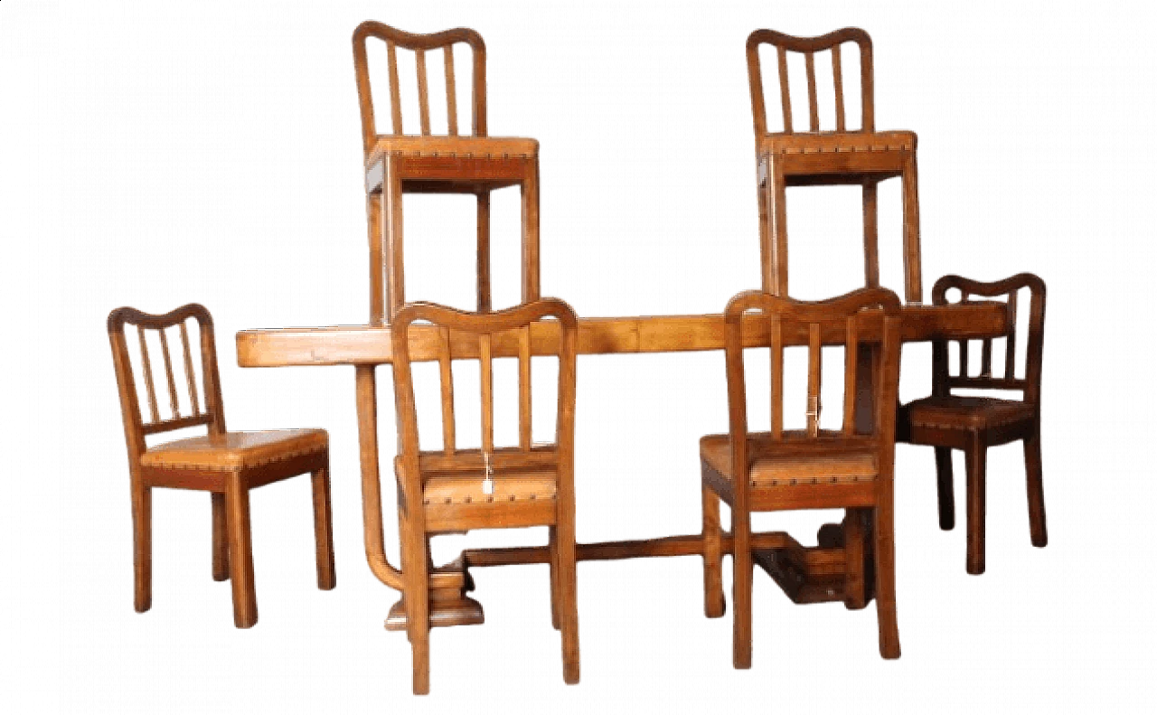 6 Art Deco walnut chairs and table, 1940s 15